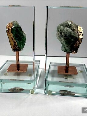 Green Raw Crystal Display with Gold Accent - Pair